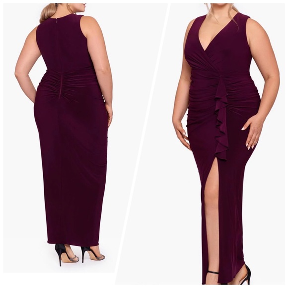 NWT Betsy and Adam “Bobbi” Long Ruffled V Neck Wine Dress size 16W